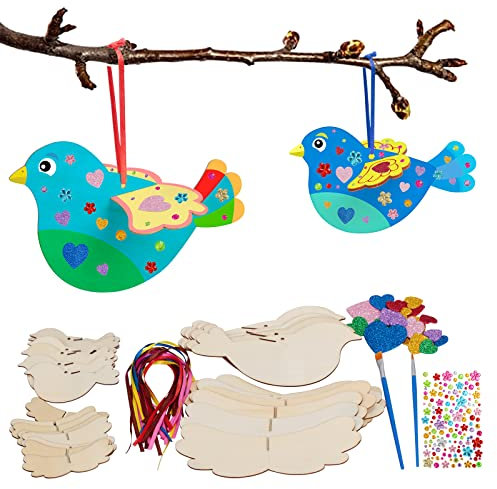 DKINY 16 Stück 3D Vögel aus Holz, Holzbastelsets für Kinder in 2 Größen, Kreative Kunst & Bastelbedarf, 3D-Deko für Garten Balkon, Ideale Geschenke für Junge Mädchen