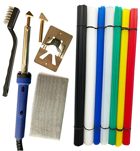 Plastic Repair Welding Kit, with 80W Iron, 90 Plastic Rods, 1 Metal Brush,1 Metal Stand,Reinforcing Mesh, 2 Welder Tips,for Car Bumper,Dashboard,Canoe,Kayak Repair Kit,Plastic Welder Kit for DIY