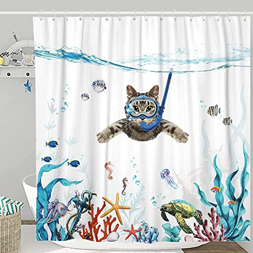 Bingobang Set di tende da doccia resistenti alla muffa, 180 x 180 cm, 3D HD mare oceano gatto gatto tende da bagno in poliestere lavabile con 12 ganci per stanza umida (blu)