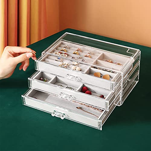 RMAN Schmuckkästchen für Damen 3 Schich, Schmuckaufbewahrungsboxen aus klarem Acryl für Ringe Ohrringe Halskette Geschenk, 23,5 cm × 13,5 cm × 11 cm, Grau