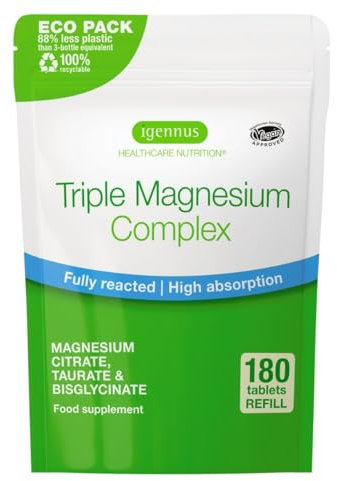 Igennus Superior Triple Magnesium Complex, 90 Servings, 2000mg Glycinate, Citrate & Taurate, Clean Label & Chelated, 262mg Elemental Magnesium, Vegan, 180 Tablets