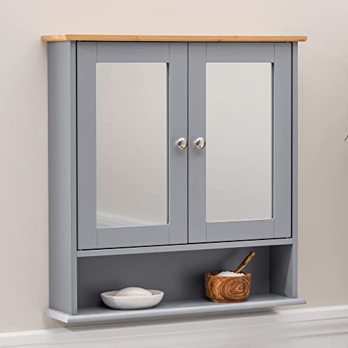 CHRISTOW Mirrored Bathroom Cabinet Wall Mounted, Grey & Bamboo Wooden Bathroom Mirror Storage Unit With Shelf