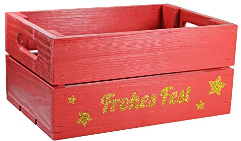 HW HOLZKISTEN-WELT Holzkiste Rot mit Gold-Glitter-Aufdruck Frohes Fest - Stiege Steige Weihnachten Präsentkorb Geschenk