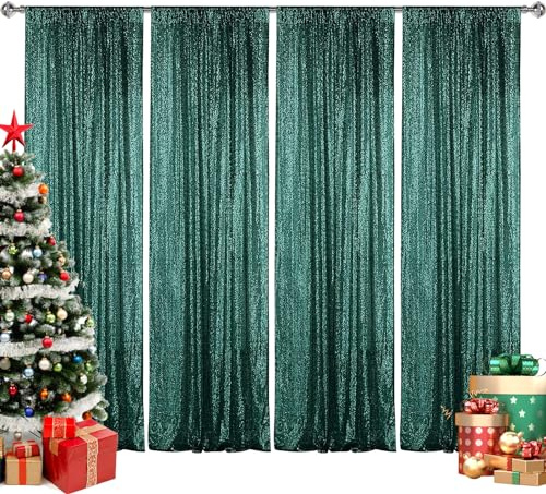 Sugargirl Dark Green Sequin Backdrop Curtain 4 Panels 2FTx8FT Glitter Dark Green Background Drapes Sparkle Photography Backdrop for Party Wedding Birthday Wall Decoration