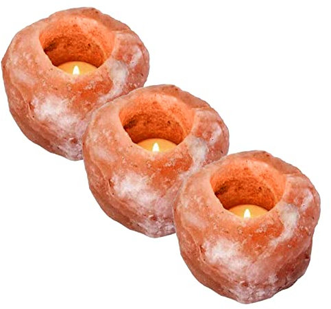 Profirst Global Himalian Rock Salt Lampen-Kerzenhalter, natürliche Teelichte, Teelichthalter, natürliches Salz, Healtgrau (natürliches Himalaya-Salz, 3 x rosa Kerzenhalter)