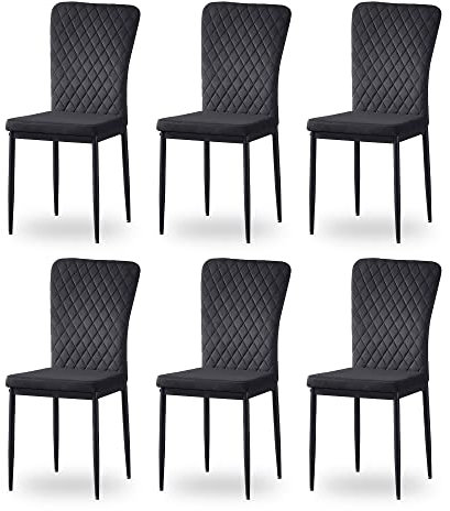 JaHECOME 6er Set Esszimmerstühle mit Samt-Bezug, hoher Rückenlehne, Gitter Leichtbau Design, Essstuhl mit Metallbeine, für Esszimmer Küche Wohnzimmer (6, schwarz)