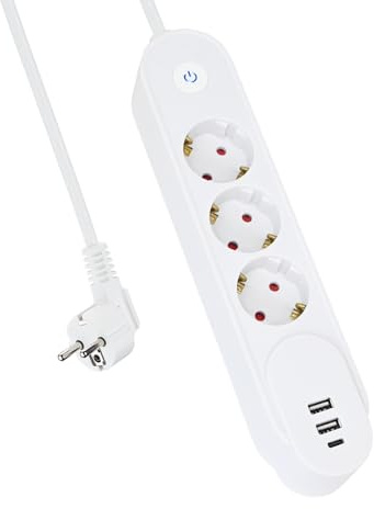 HUARUI Steckdosenleiste 3 Fach mit 3 USB, Mehrfachsteckdose mit USB C, Steckerleiste Wandmontage 3680W 16A, Verteilersteckdose mit Schalter, Mehrfachstecker für Zuhause Büro, 1,5M Kabel, Weiß