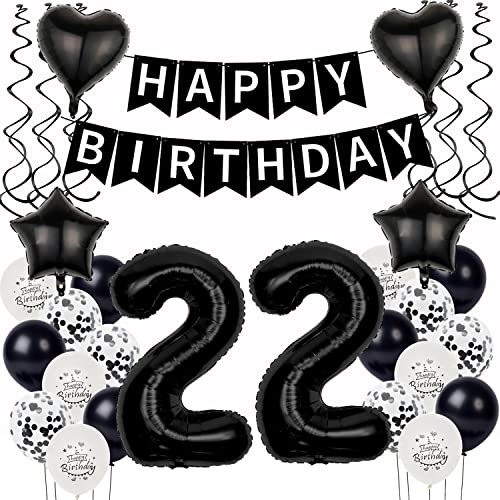 Schwarz Luftballon 22. Geburtstag Dekoration Mann Frauen，deko 22 Jahre Geburtstag Mann,Geburtstagsdeko 22 Jahre Frauen Folienballon 22. Ballon 22. Männer Schwarz