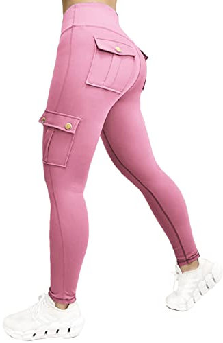 Nuofengkudu Push up Taille Haute Leggings Sport pour Femmes Elastique Opaque Doux Collant Pantalon avec Poche Cargo Fitness Running Jogging Sport Workout Yoga Pants Y-Rose M
