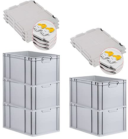 PROREGAL SuperSparSet 5x Eurobox NextGen Grip mit Scharnierdeckel und gelben Schiebeschnappverschlüssen, HxBxT 32x40x60cm, 65 L, Grau, Griffe geschlossen, Eurobehälter, Transportbox