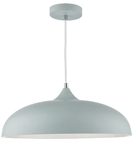 Matt Soft Grey Metal Vintage Shallow Curved Dome Pendant Ceiling Light | 45cm Diameter | Braided White Cable | Chrome Accent | 1 x ES E27 Lamp Bulb Required | 240 Volts | Bedroom - Lounge - Kitchen