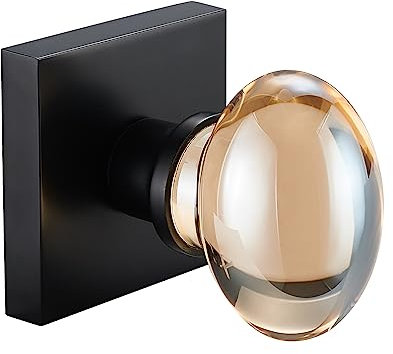 dairazan Champagne-Gold Glass Door Knobs - 2 Pack Non-Turning Single Side Dummy Crystal Door Handles with Lock, Square Rosette Matte Black Finished(Dummy)