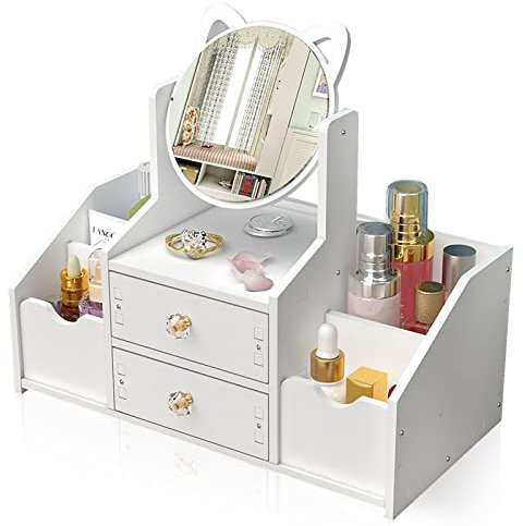 Mikytoper Makeup Organiser with Mirror Multifunctional Dressing Table Organiser White Cosmetics and Skincare Organiser Makeup Organiser Storage Assembly Kit with Instruction (B-round mirror)