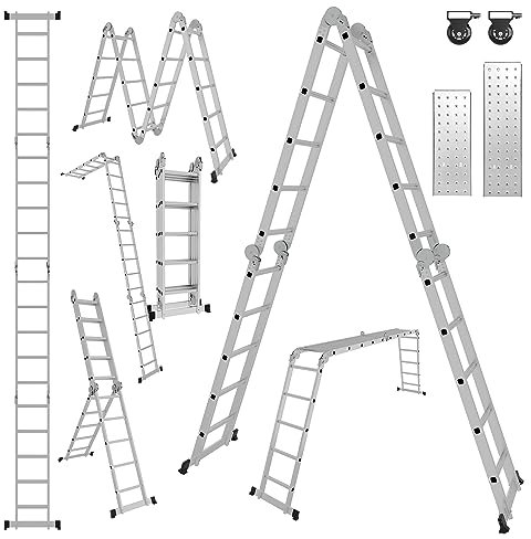 Yakimz Mehrzweckleiter Aluminium 4x5 Stufen, 582 cm Multifunktionsleiter Klappleiter mit 2 Gerüstplatten und 2 Räder, Haushaltsleiter Arbeitsleiter 20 Stufen, Maximale Belastung 150kg