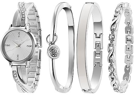 TIME100 Juego de Reloj Pulsera Mujer Conjunto de Reloj Mujer Elegent y Brazalete con Correa de Acero Inoxidable Reloj de Mujer Regalo(Plata)