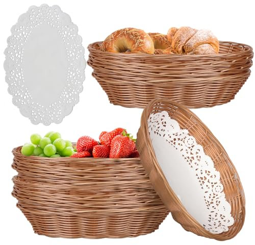 Yimerlen Ovaler großer Kunststoff-Brotkorb, Weidenkorb zum Servieren, 29 x 21 x 6 cm, gewebter Aufbewahrungskorb, Obstkorb, Geschenkkorb (mit Lebensmittellöschblättern), Braun, 8 Stück
