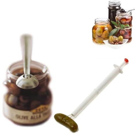 HSHQING Gurkenpresse mit Olivenlöffel-Set, flexible Picker-Gabel und langer Griff, Servierlöffel mit Ablaufloch für Gurken, Rucola, Kapern