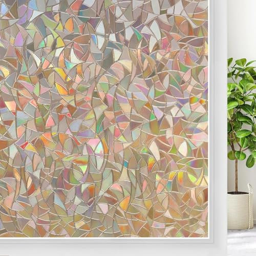 rabbitgoo Fensterfolie Blickdicht Selbsthaftende, Sichtschutzfolie Fenster Braun Bunt, 3D Regenbogen Folie Fenster 30x200cm Statisch Haftend ohne Klebstoff Anti UV Sonnenschutz für Büro Wohnzimmer