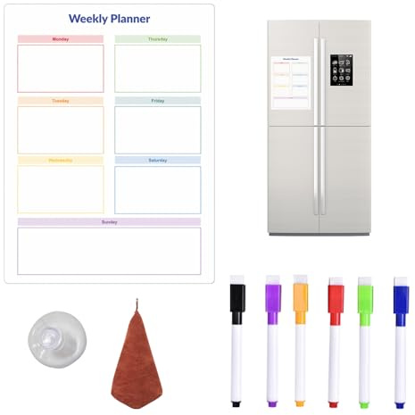 BHOLI Wochenplaner für den Kühlschrank, magnetisch, aus PVC, Wochenplaner für die Wand, Magnetplatte aus PVC mit 6 Stiften, Saugnäpfen, Handtüchern