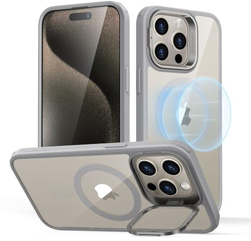 ESR for iPhone 15 Pro Max Case, Compatible with MagSafe, Military-Grade Protective Case, Built-In Stash Stand Phone Case, Scratch-Resistant Back Cover, Classic Series, Clear Grey