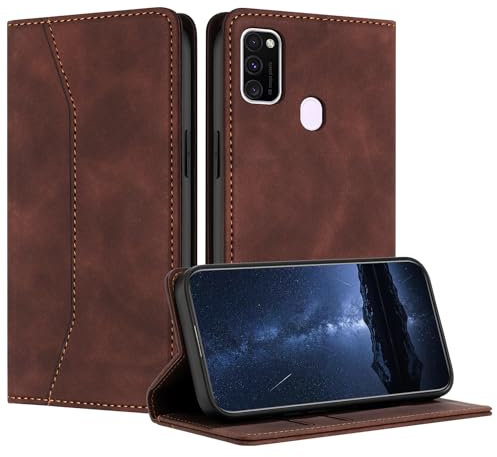 Mo-Beauty Hülle Kompatibel mit Samsung Galaxy M30S / M21, Handyhülle Samsung M30S / M21, Galaxy M30S / M21 Hülle, PU Leder Flip Wallet Klappbare Schutzhülle Magnet Ledertasche Klapphülle Case (Braun)
