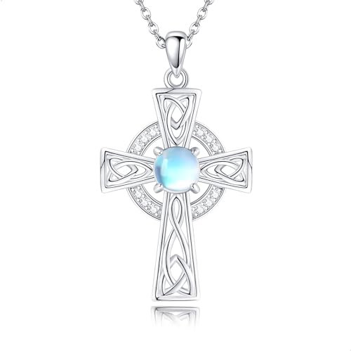 DAYLINLOVE Keltisches Kreuz Kette 925 Sterling Silber Mondstein Keltischer Knoten Anhänger Halskette Irischer Keltischer Schmuck Geburtstags Geschenke für Damen Frauen Mädchen Mutter
