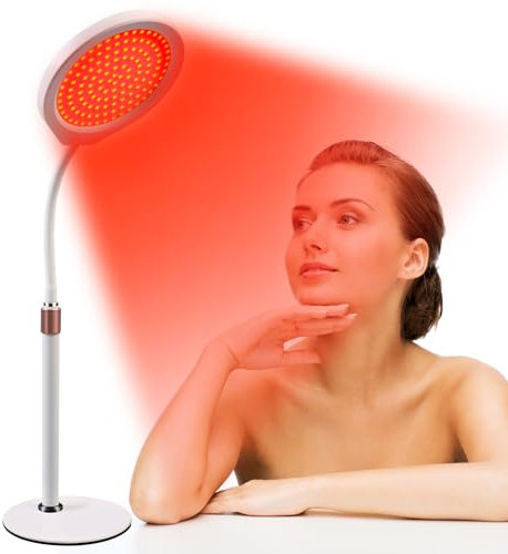 MaxAwe Tischplatte Rotlichtlampe, 660nm & 850nm Infrarotlampe mit Sockel, 128LEDs Dimmbar Rotlicht Strahler Therapy mit Timer, Einstellbarem 360° Winkel Schwanenhals Rotlichtlampe für Haut Hals Hand
