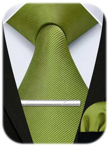 HISDERN Herren Krawatte Olivgrün Hochzeit Krawatten Taschentuch krawattenklammer Set Elegant Klassisch Krawatte & Einstecktuch Set