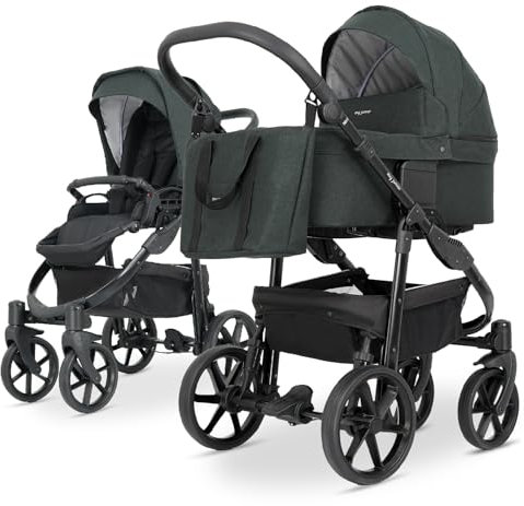 my junior® MIYO² 2in1-Kinderwagen | verstellbare Allrad-Federung | Integrierte Reflektoren | 360° unplattbare Luftkammerreifen | Babywanne klappbar, ventiliert, Wippfunktion - Deep Green
