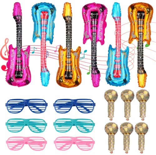GOTDYBST 18 PCS Inflatable Photo Booth Props - 6 Guitars, 6 Microphones, 6 Colored Glasses - Colorful, Aluminum Foil - Suitable for Birthday, 80s/90s Parties, Music Festivals