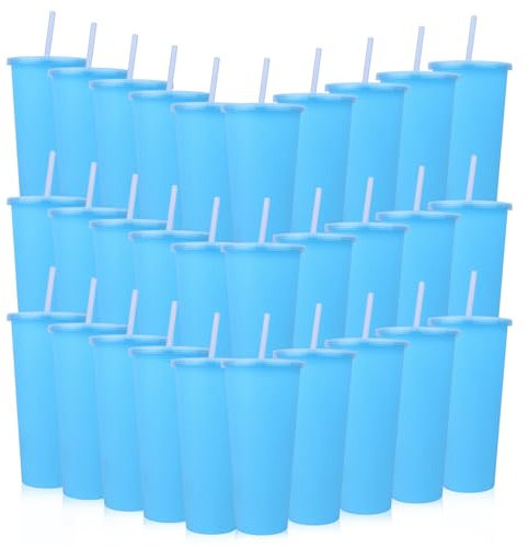 Ahongwenxi 30 Pack Blue Plastic Cups with Lids and Straws, 24 oz Disposable Plastic Tumblers Iced Coffee Cups Travel Mug Cup for Juices Birthday Bachelorette Party Wedding (Blue,24 oz)