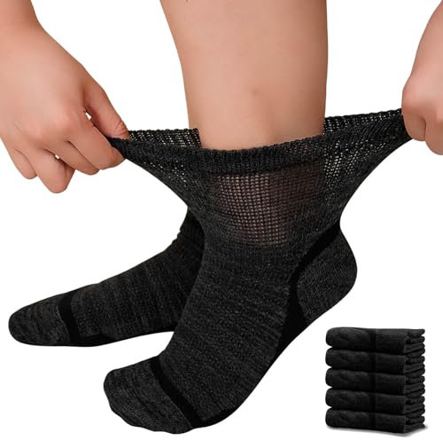 ZFSOCK Calcetines Diabeticos Hombre Mujer: Calcetines Bambu Sin Costuras Sin Goma Extra Anchos No Aprietan para Pies Hinchados - Negro, 5 Pares, Talla 43-46
