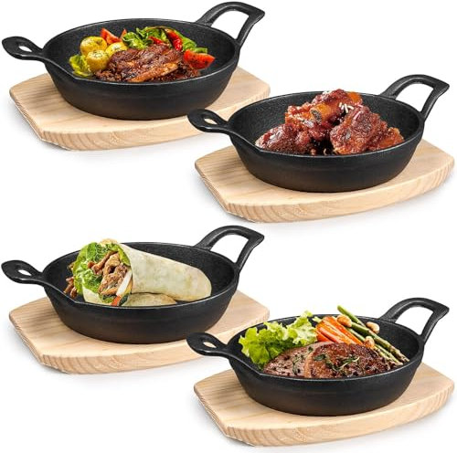 OJMHD 4 Set Small Cast Iron Skillet with 2 Handles, Cast Iron Plates Skillet with Wooden Serving Board, Round Ironed Oven Pan, Mini Gratin Casserole Cookware for Kitchen Baking Cooking Frying, 16 cm