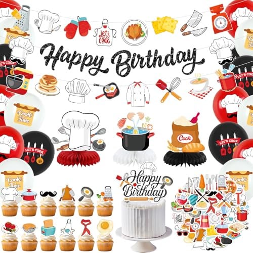 Chef-Party-Dekorationen, Geburtstagsdekoration für Koch, inklusive Banner Happy Birthday, Kuchendekoration, Wabenaufsätze, Aufkleber und Luftballons für Koch, Kochen, Küchenutensilien