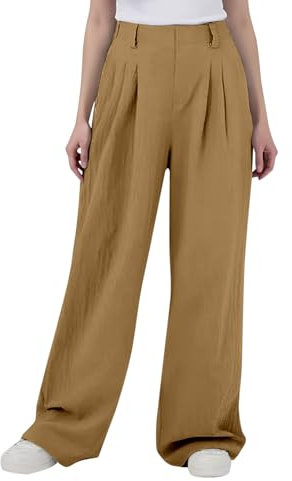 Pantalon Fluide Femme été Coton léger, Pantalon Large Femme Fluide Taille Haute Chic et Elegant Pantalons tolie Taille Elastique Palazzo Baggy Décontracté Ample à Jambes Larges Pants (Yellow, M)