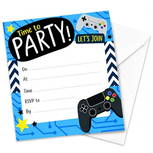 12/24 Gaming Party Invitations – Video Game Birthday Invites with Envelopes | Gamer-Themed Party Supplies | Card | 13.5 x 13.5 cm | Boys & Girls Birthday Party Invitations (24)