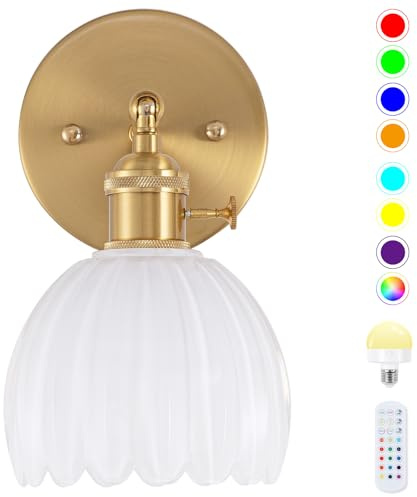EIDEARAY Battery Operated Wall Lights, Vintage Wall Sconce with Milky White Tulip Glass Lampshade Rechargeable Wall Light with Remote Control for Bedroom,Living Room, Hallway, Aisle