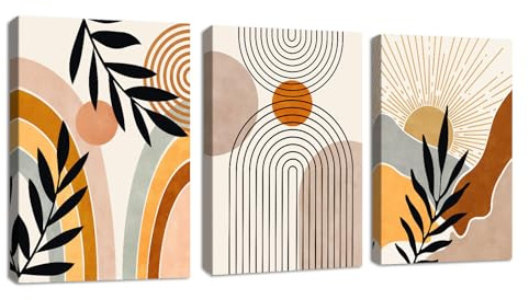 3Pcs Quadri Boho Piante solari dalle linee geometriche Stampa su Tela Con Cornice Quadro Estetica arancione botanica pittura su tela poster da parete Decor Murale Soggiorno Camera da letto 50x70cmx3