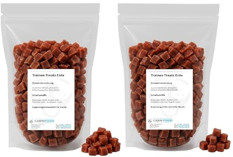 Trainee Treats weich | 2x500g Frischepack mit Zipper | Huhn | Ente | Rind | Lamm | Pferd | Fisch | 1 Kilo Leckerli | Filetwürfel ca. 0,8cmx0,8cm (1000g | 2x500g Frischepack, Ente)