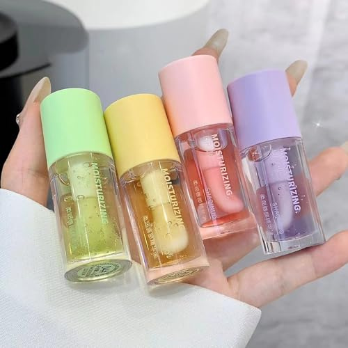Plumping Lip Oil 4er-Pack Feuchtigkeitsspendendes Lip Glow Öl, Großer Bürstenkopf, Transparenter Lippenbalsam, Nährend, Nicht Klebrig, Sanfte Lippenpflege für Trockene Lippen