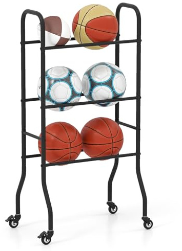 GOPLUS Estantería para Balones con Ruedas Bloqueables y 3 Niveles | Carro para Balones de Baloncesto, Estantería de Almacenamiento para Colegios y Pistas de Baloncesto