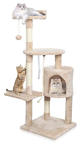 Erreyht Arbre à Chat Hauteur 112 cm, Tour de Jeux pour Chats avec 3 Poteaux à Griffer, 2 Plateformes, 1 Nid Douillet, 1 Pompons, Multi-Niveaux Convient aux Chats de Petite et Moyenne Taille Beige