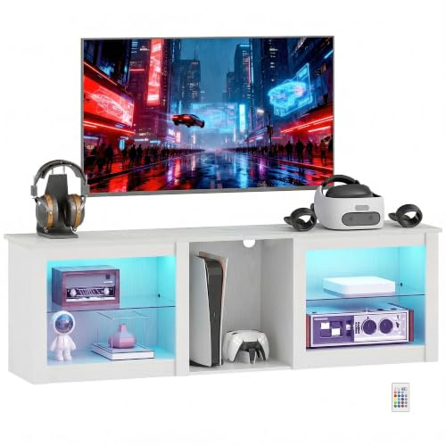 HOMCOM TV Unit with LED Lights for Television up to 70 Inch 160cm White | TV Stand Cabinet, Adjustable Glass Shelves, Open Compartments for Gaming Consoles, Living Room, Bedroom