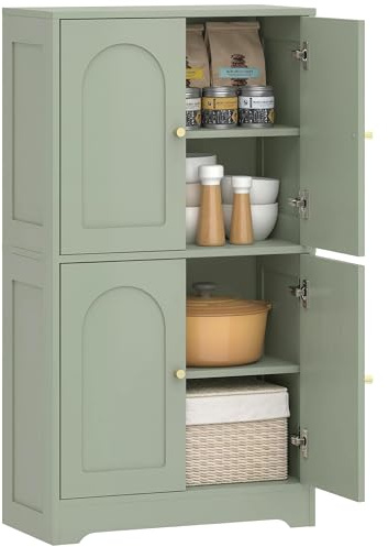 HOMCOM 110cm Kitchen Cupboard, Freestanding Kitchen Storage Cabinet with 4 Arched Doors and 2 Adjustable Shelves, Modern Pantry Cupboard for Dining Room, Green