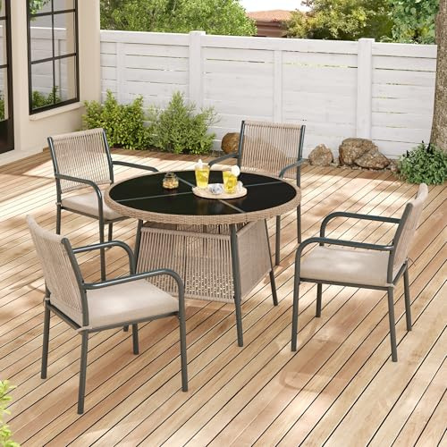 luckdect Salon de Jardin Extérieur en Résine Tressée 4 Places,4 Chaises et 1 Table Ronde,Coussin,Ensemble de Bistrot pour Jardin en Fonte Aluminium,Rotin Set de 5 pcs,Balcon,Patio