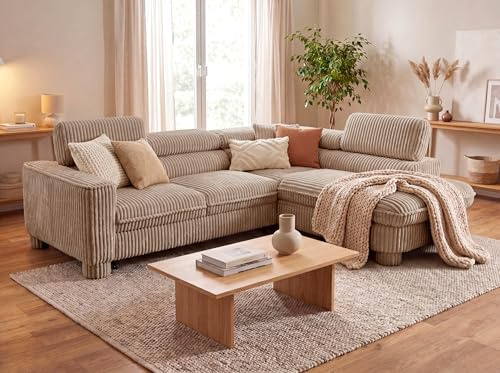 BROMARKT Ecksofa mit Schlaffunktion und Bettkasten L-Form Rechts Braun | Wohnlandschaft mit Stauraum und verstellbaren Kopfstützen Eckcouch Sofa Sofabett mit Kissen Freistehend Cord Sofabed CAVELLO