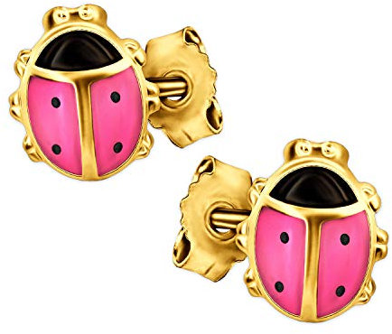 CLEVER SCHMUCK Goldene Mädchen Ohrringe als Ohrstecker kleine Marienkäfer 8 mm rosa schwarz lackiert glänzend 333 Gold 8 Karat im Etui rosa
