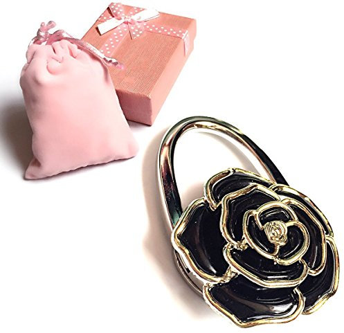 Elesa Miracle Purse Hook6 Choices Foldable Handbag Hanger, Folding Table Hanger, with Velvet Pouch in Gift Box (Black Flower)