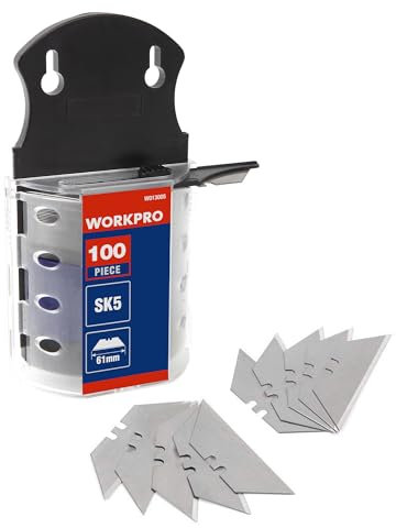WORKPRO Trapezklingen Set, 100-tlg. 0.6MM Klingenstärke SK5 Edelstahl im Spender,Ersatzklingen für Klapp Messer