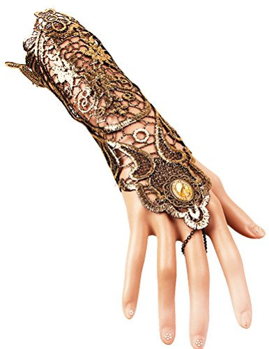 Fenical Spitze Lange Spitze Gloves mit Ring für Halloween Hochzeit Gloves Party Kostüme (Golden)